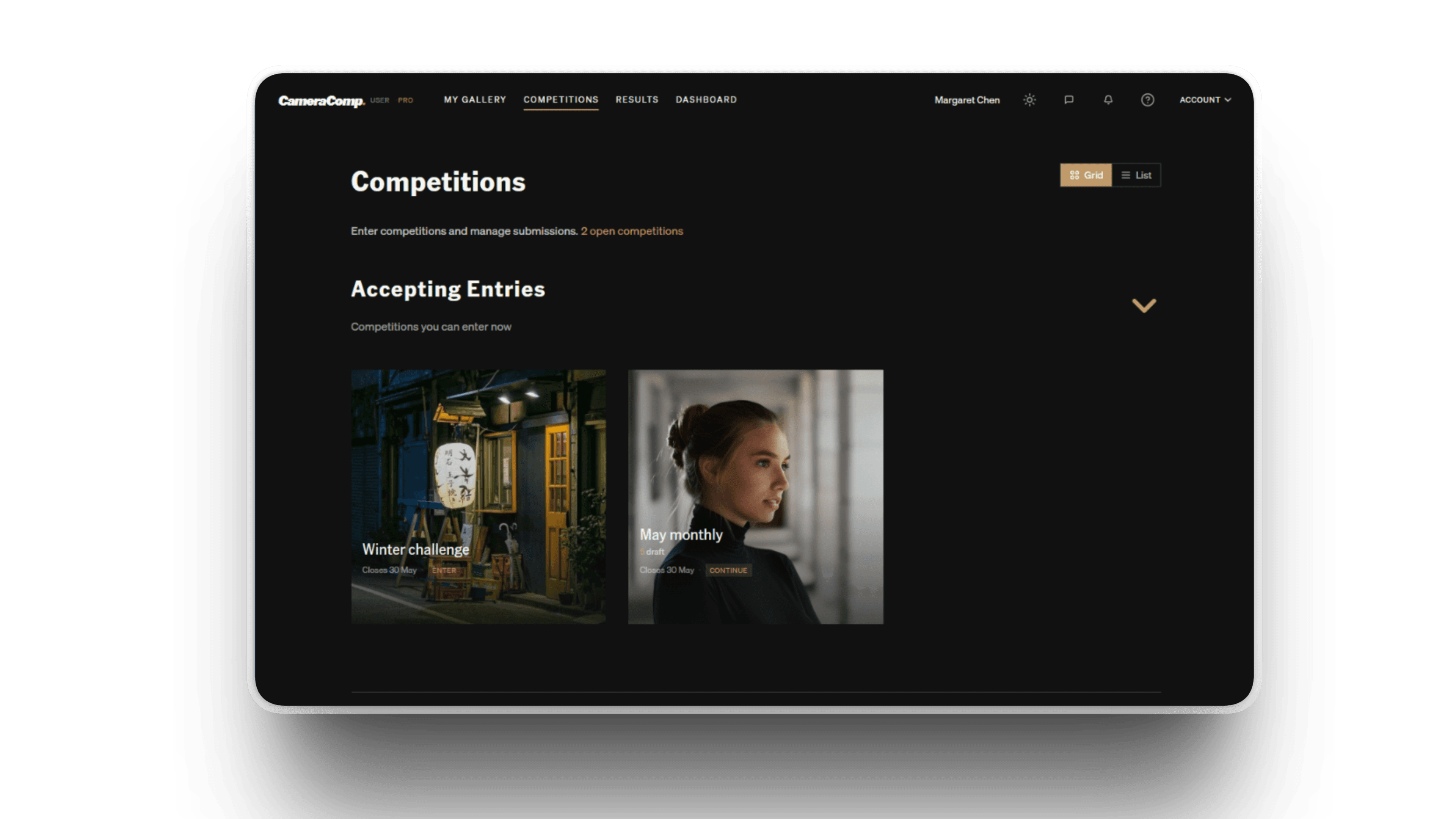 CameraComp competitions dashboard on tablet
