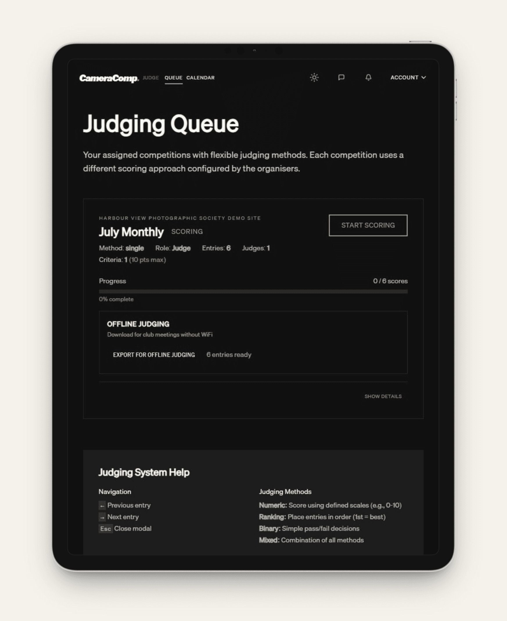 Judging Queue on a tablet — an assigned competition ready to score, with progress tracking and offline judging export
