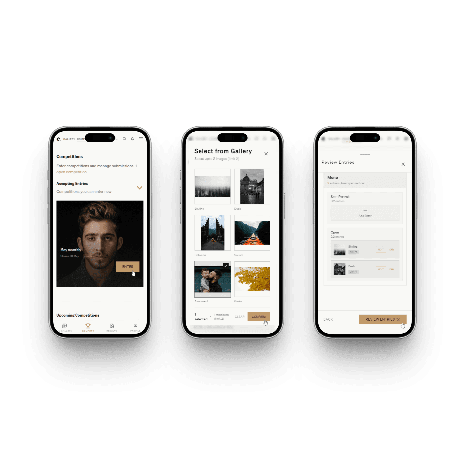 Member entry flow — competitions list, gallery selection, and submission